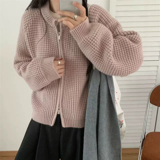 Round neck double zipper short sweater