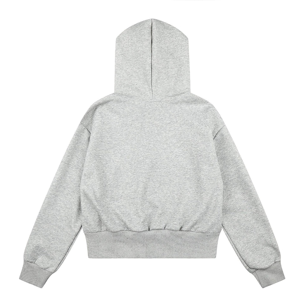 Lined Hooded Zip-Up Jacket Loose Casual Fit with Rhinestone Cross Patch
