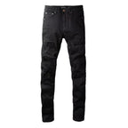 Men's Slim Fit Stretch Black Distressed Patch Vintage Jeans
