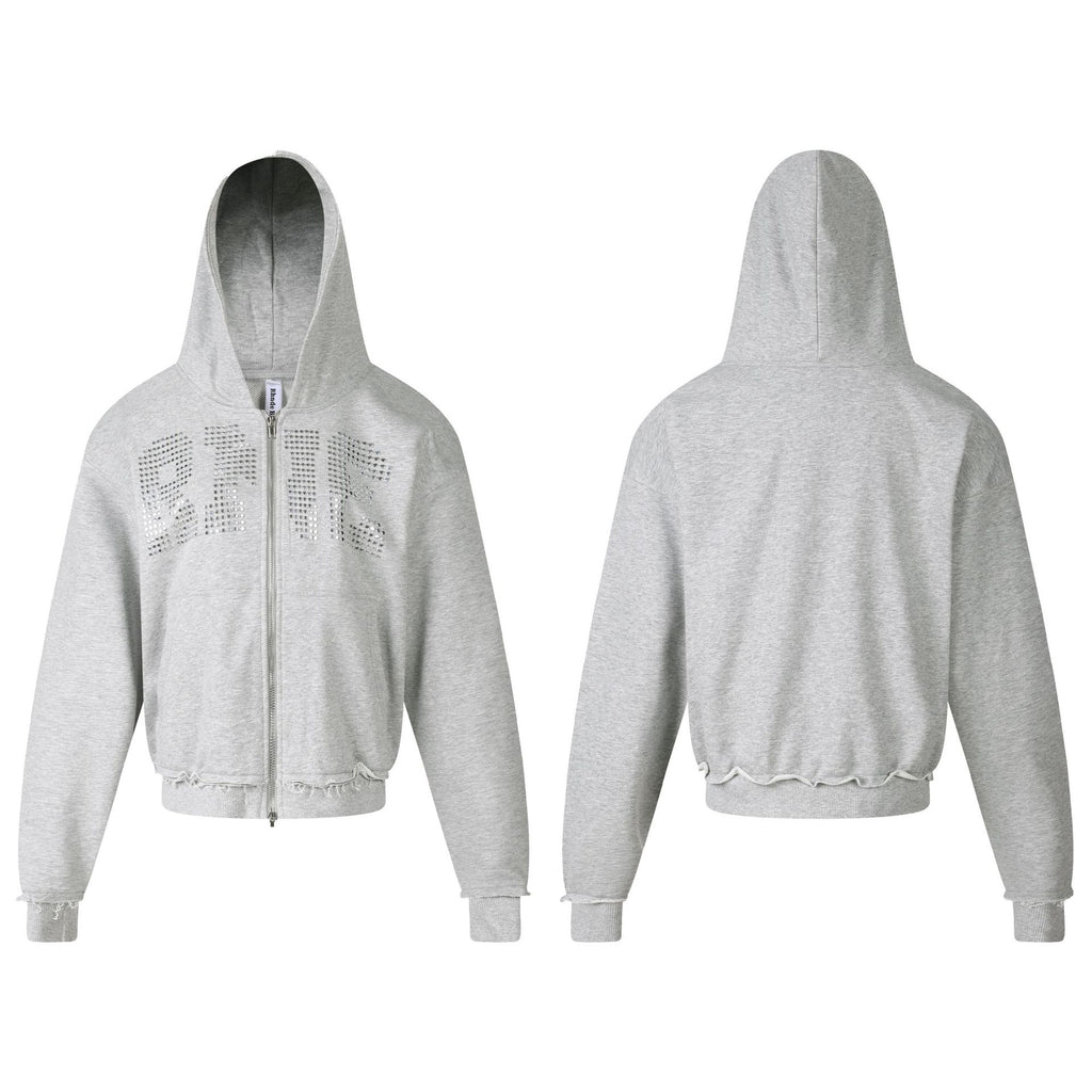 Heavy Rhinestone Letter Zip Up Hooded Sweatshirt Loose Fit Raw Hem Cardigan
