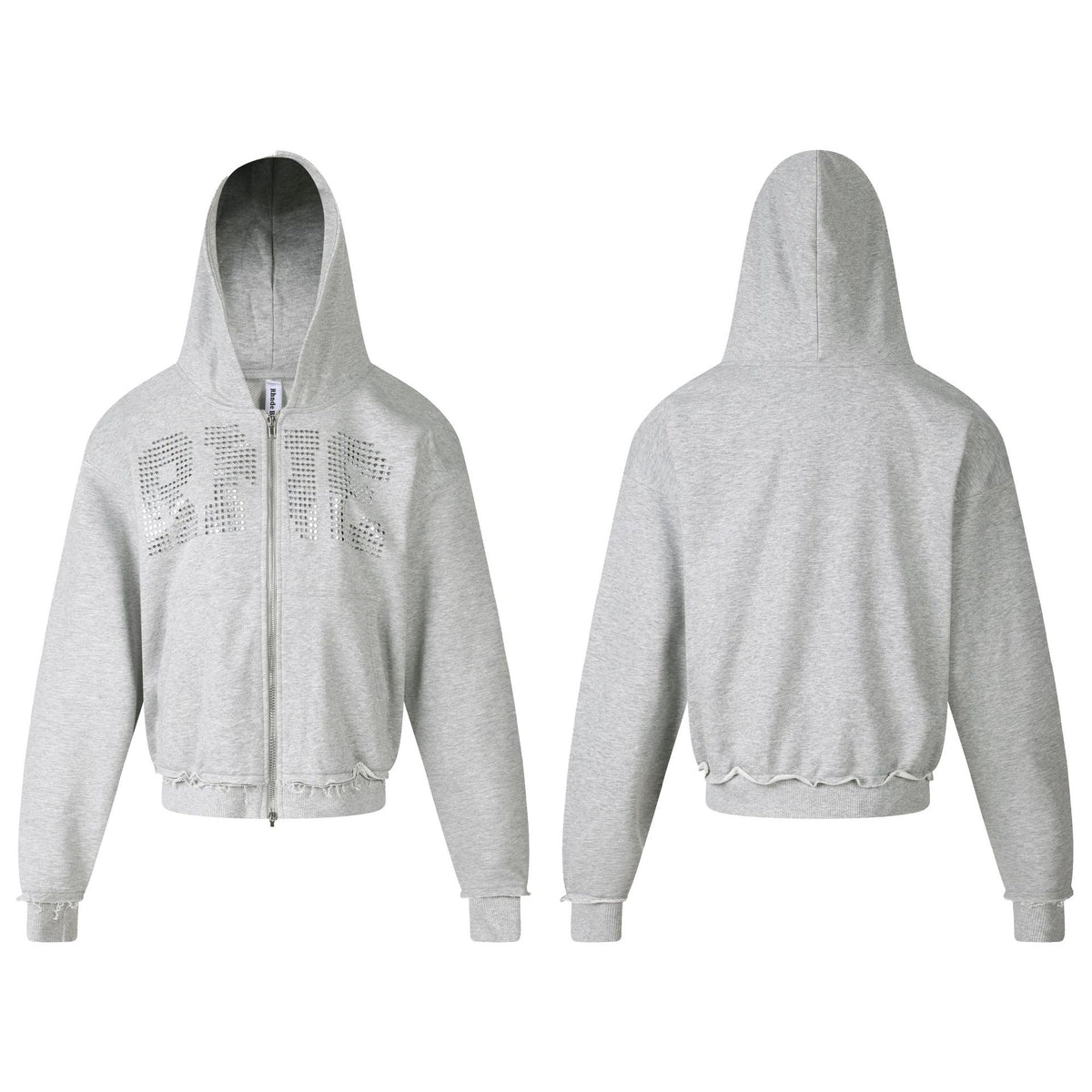Heavy Rhinestone Letter Zip Up Hooded Sweatshirt Loose Fit Raw Hem Cardigan