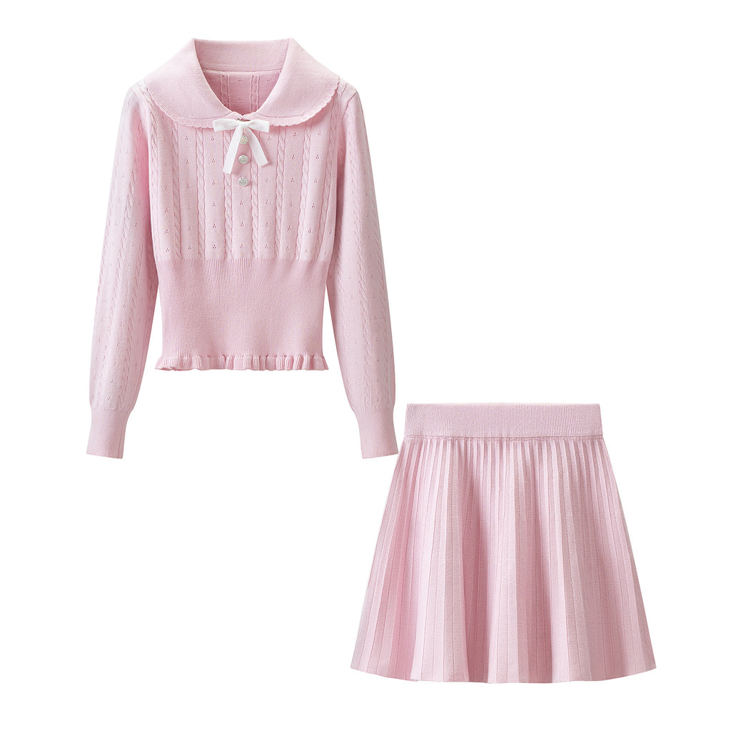 Pink Long Sleeve Knit Sweater Skirt Set for Women Autumn Winter