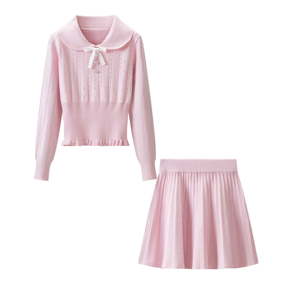 Pink Long Sleeve Knit Sweater Skirt Set for Women Autumn Winter