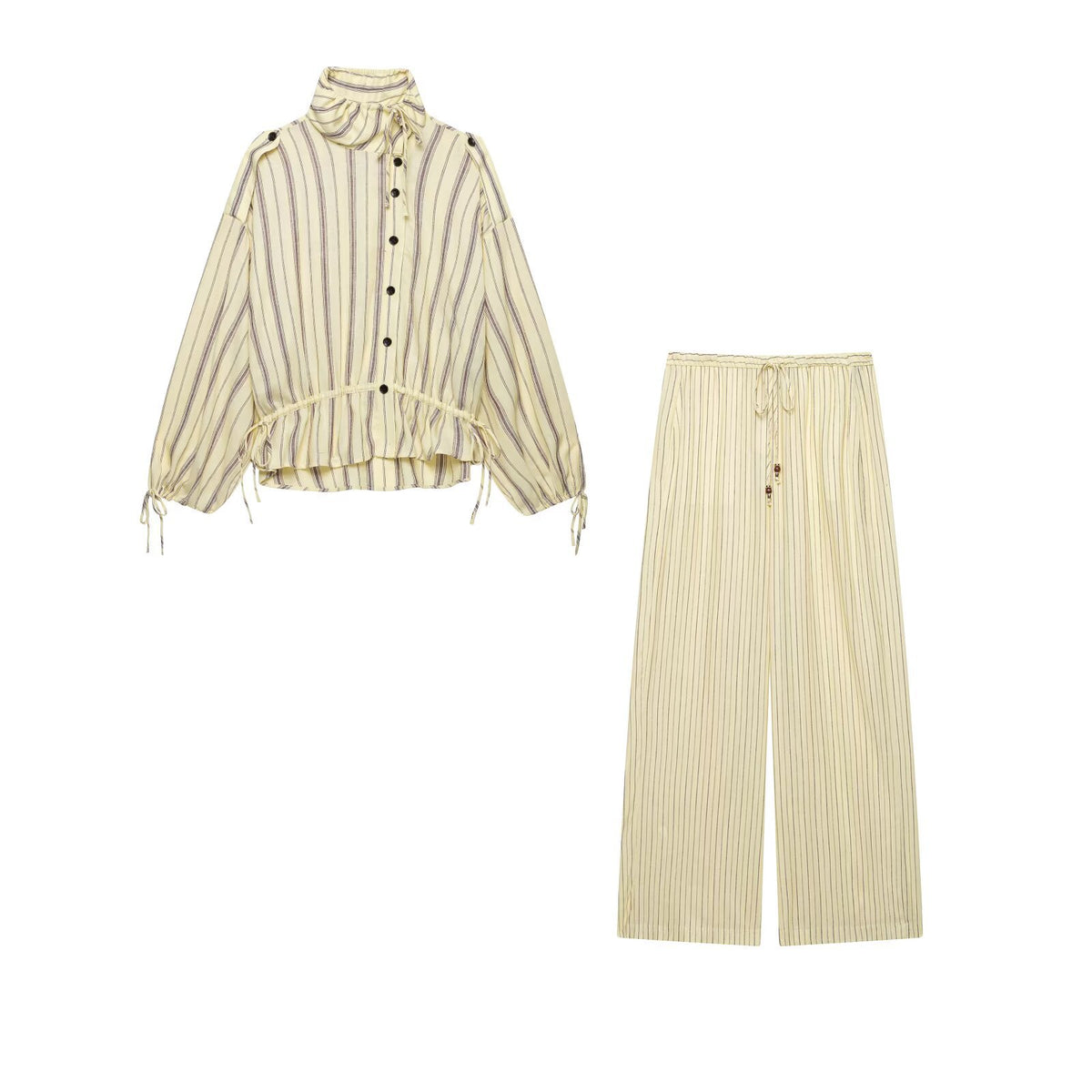 Lace up loose striped linen shirt+pants set for women