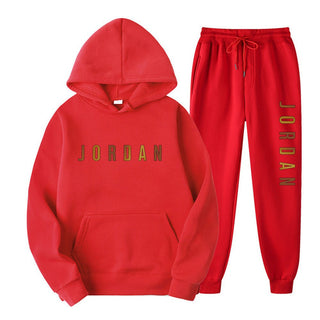 Gold Print Hooded Long Sleeve Fleece Lined Sports Casual Jacket and Pants Set