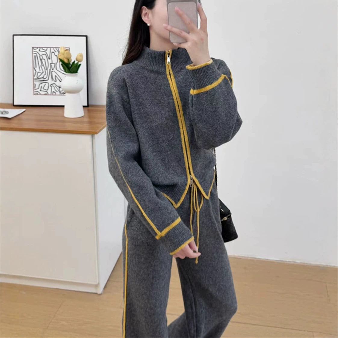 Color blocked zipper cardigan two-piece set