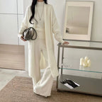 Solid color inner vest outer mid length cardigan high waist wide leg pants three piece set