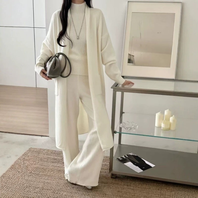 Solid color inner vest outer mid length cardigan high waist wide leg pants three piece set