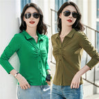 Polo collar long sleeved women's T-shirt