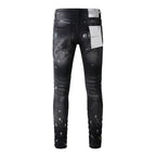 Men's Black Graffiti Splatter Distressed Skinny Jeans, Stretch Slim Fit Knee Cut-Out Denim Pants