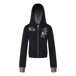 Women's Punk Print Hooded Zip-Up Jacket Slim Fit Casual Rivet Fleece Coat
