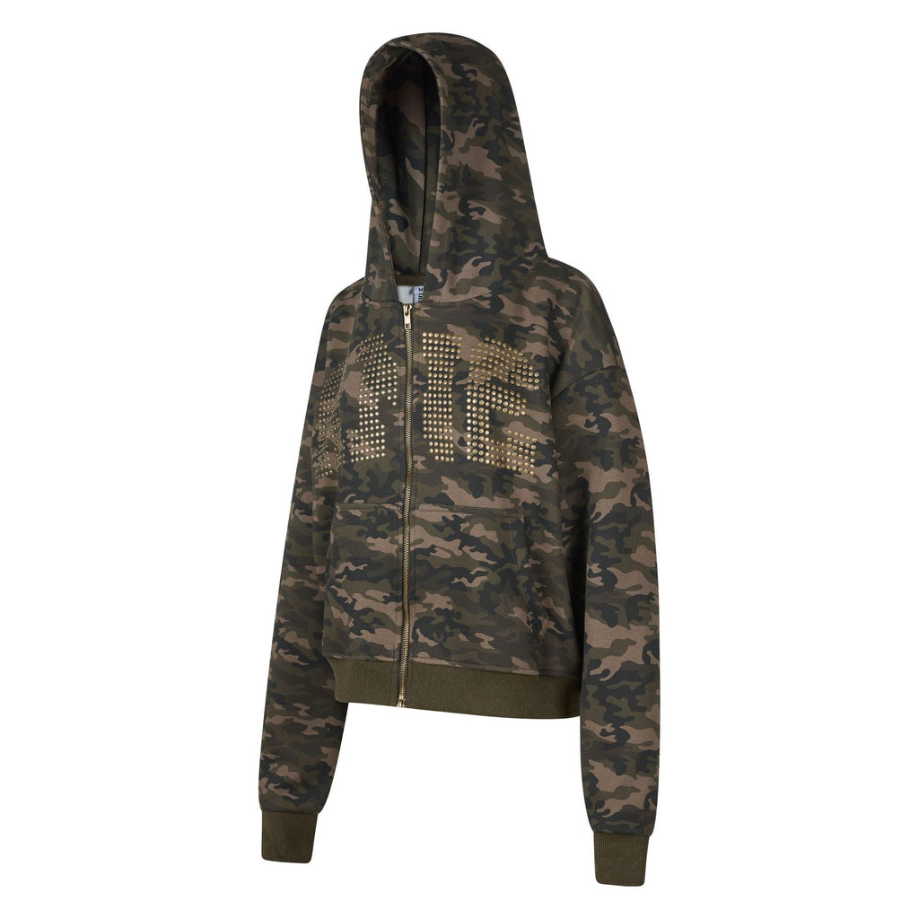 Women's Camouflage Rhinestone Letter Zip-Up Hoodie Loose Street Casual Jacket