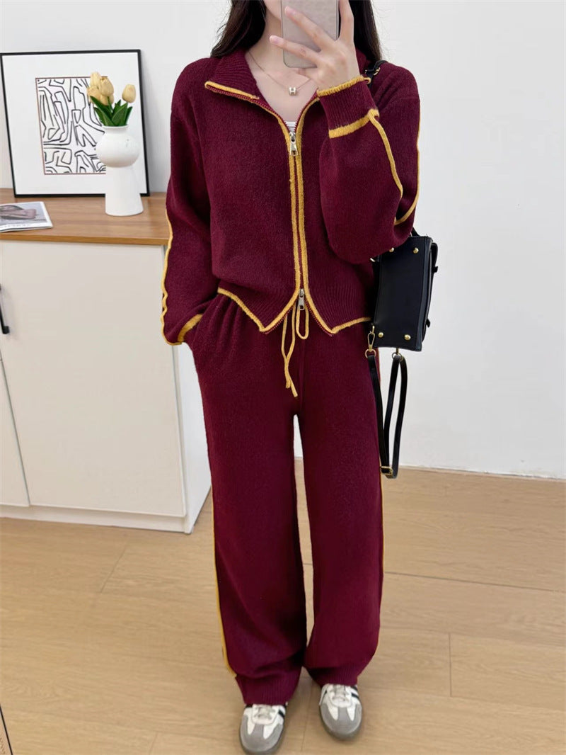 Color blocked zipper cardigan two-piece set