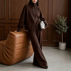 Solid color stand up collar zipper sweater wide leg pants two-piece set