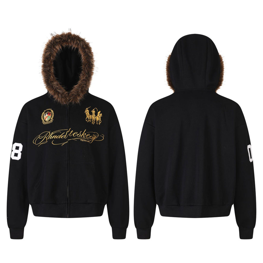 Women's Streetwear Zip-Up Hoodie Jacket with Fur Collar, Embroidered Patch