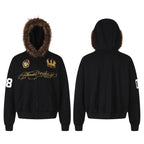 Women's Streetwear Zip-Up Hoodie Jacket with Fur Collar, Embroidered Patch