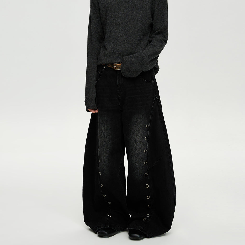 Retro Knife-Edge Washed Distressed Denim Pants Men Cleanfit Silhouette Loose Straight Leg Wide Leg Long Trousers Trendy
