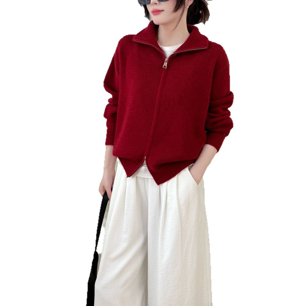 Stand up collar zipper sweater for women