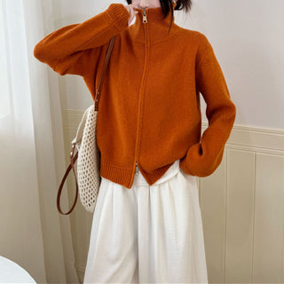 Stand up collar zipper sweater for women