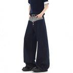 Stylish Button-Down Denim Pants for Men, Summer High Street Trendy Loose Straight Leg Wide Leg Drop Crotch Long Pants