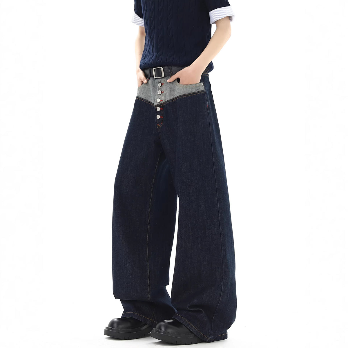 Stylish Button-Down Denim Pants for Men, Summer High Street Trendy Loose Straight Leg Wide Leg Drop Crotch Long Pants