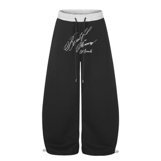 Tapered Wide-Leg Sweatpants with Contrast Color-Block Waistband and Art Letter Embroidery