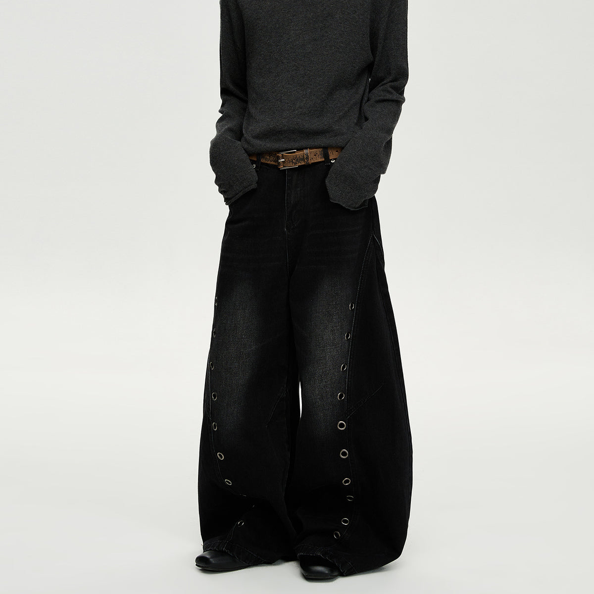 Retro Knife-Edge Washed Distressed Denim Pants Men Cleanfit Silhouette Loose Straight Leg Wide Leg Long Trousers Trendy