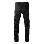 Men's Slim Fit Stretch Black Distressed Patch Vintage Jeans