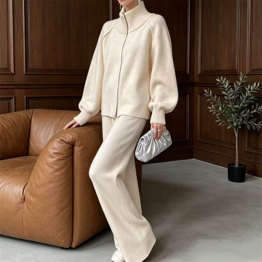 Solid color stand up collar zipper sweater wide leg pants two-piece set