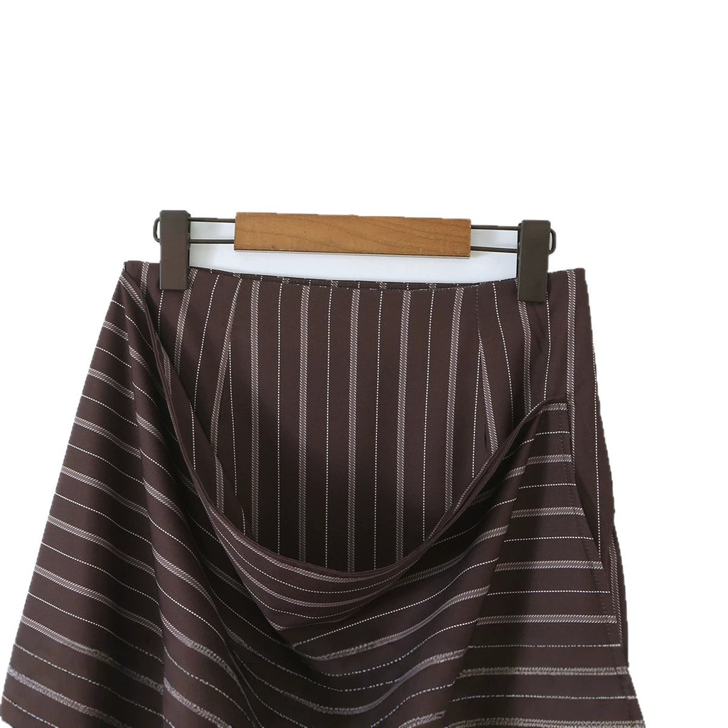Women's Relaxed Vintage Striped Long Sleeve Wrap Blouse and Designer Midi Skirt Two Piece Set