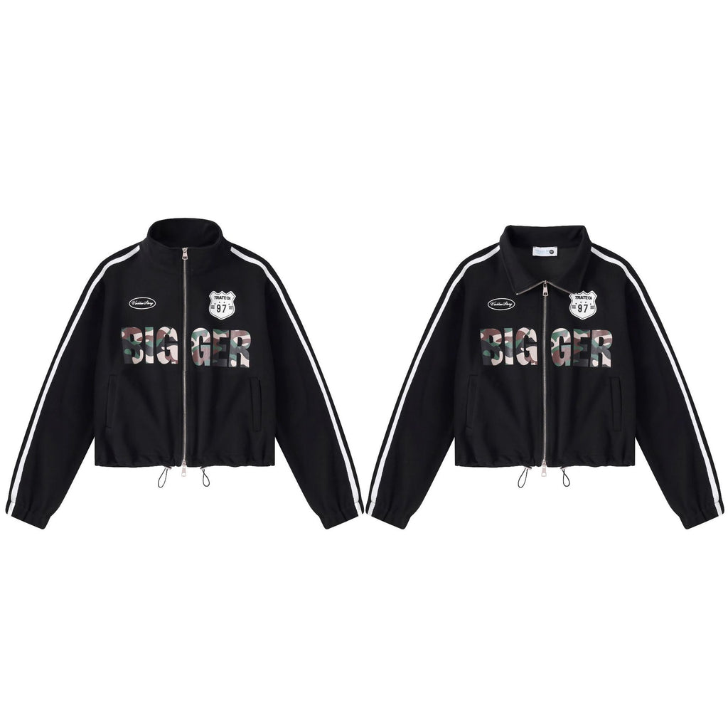 Streetwear Camouflage Print Double Zipper Stand Collar Loose Fit Jacket with Side White Webbing Drawstring