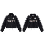 Streetwear Camouflage Print Double Zipper Stand Collar Loose Fit Jacket with Side White Webbing Drawstring