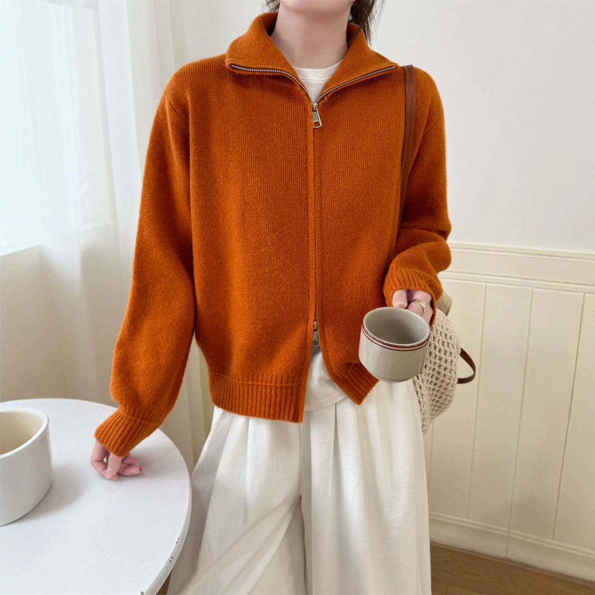 Stand up collar zipper sweater for women