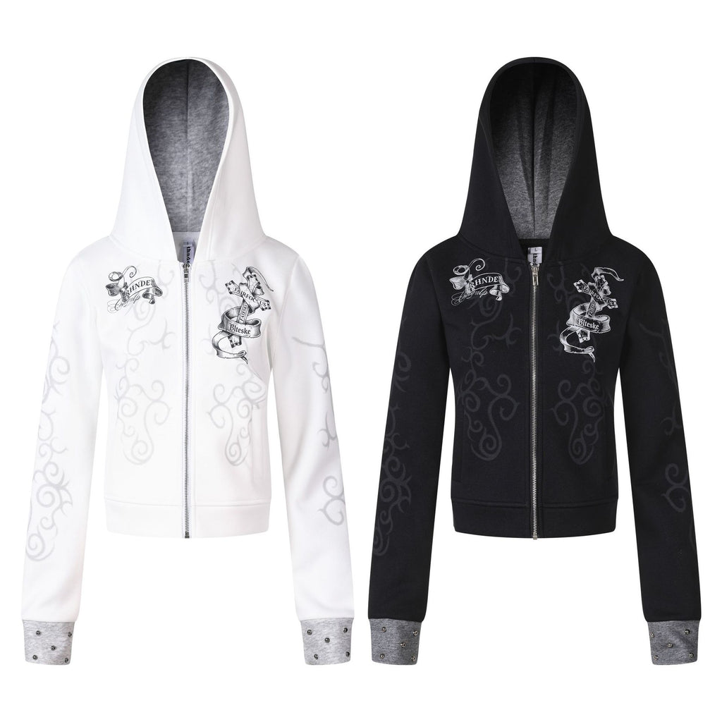 Women's Punk Print Hooded Zip-Up Jacket Slim Fit Casual Rivet Fleece Coat