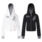 Women's Punk Print Hooded Zip-Up Jacket Slim Fit Casual Rivet Fleece Coat