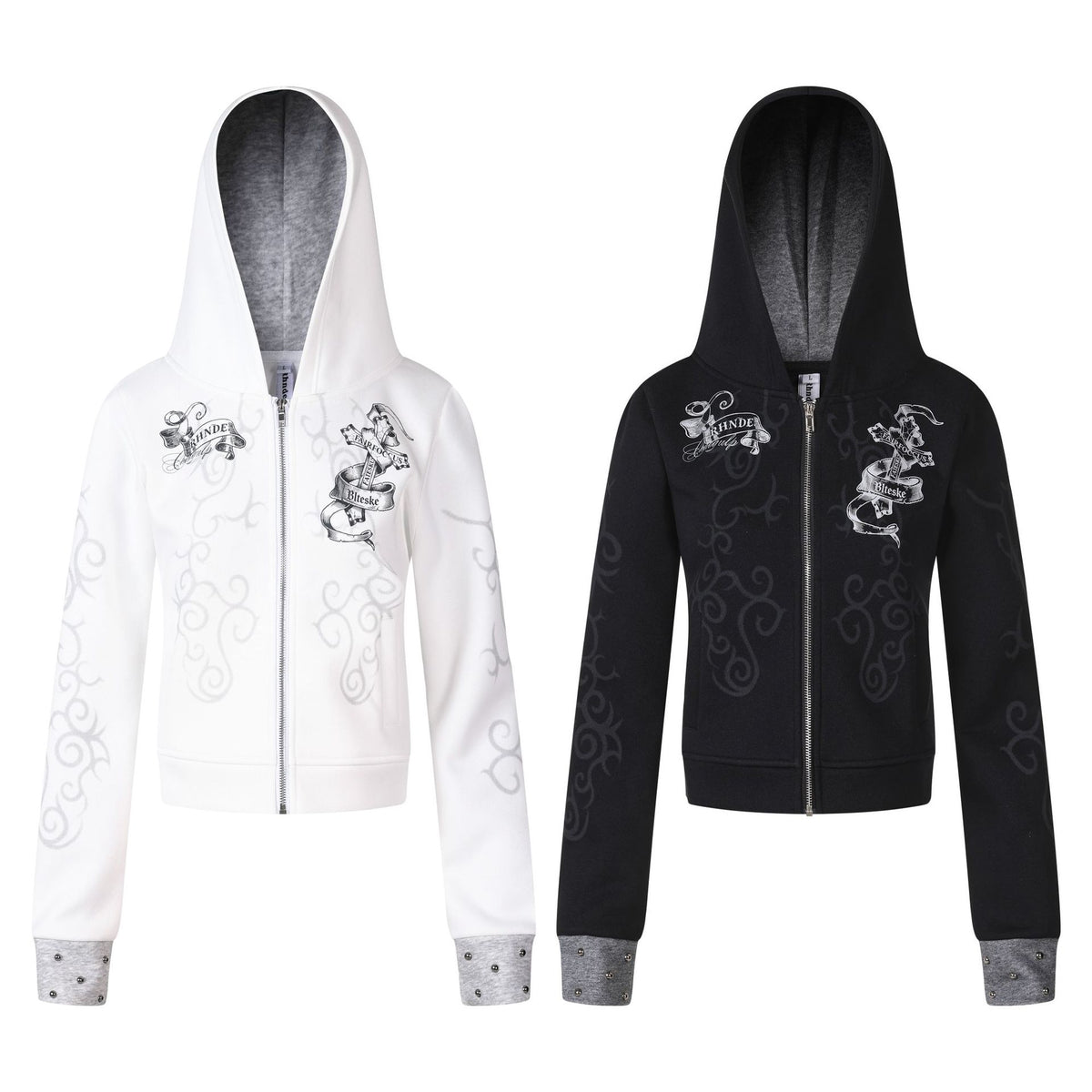 Women's Punk Print Hooded Zip-Up Jacket Slim Fit Casual Rivet Fleece Coat