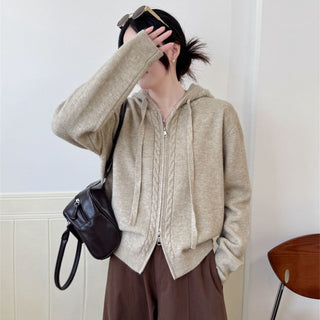 Hooded loose double zipper cardigan sweater