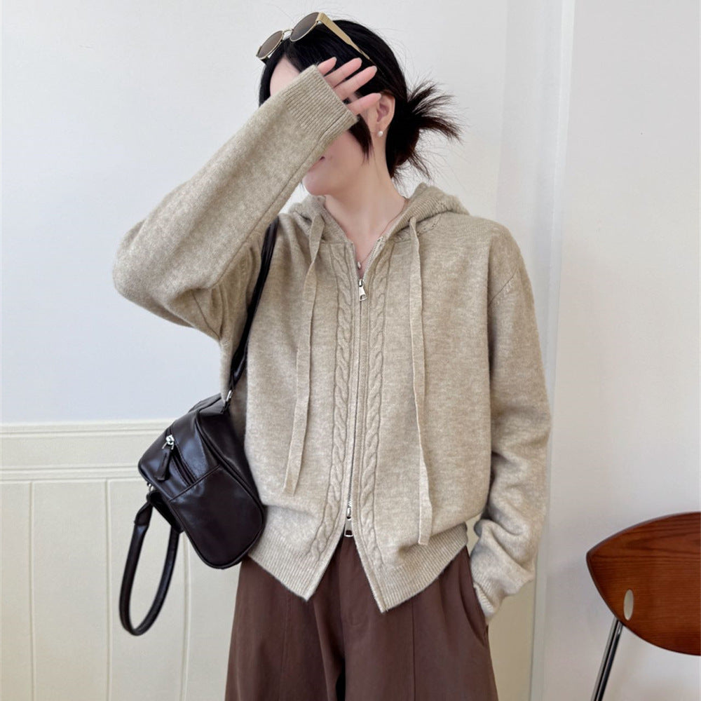 Hooded loose double zipper cardigan sweater