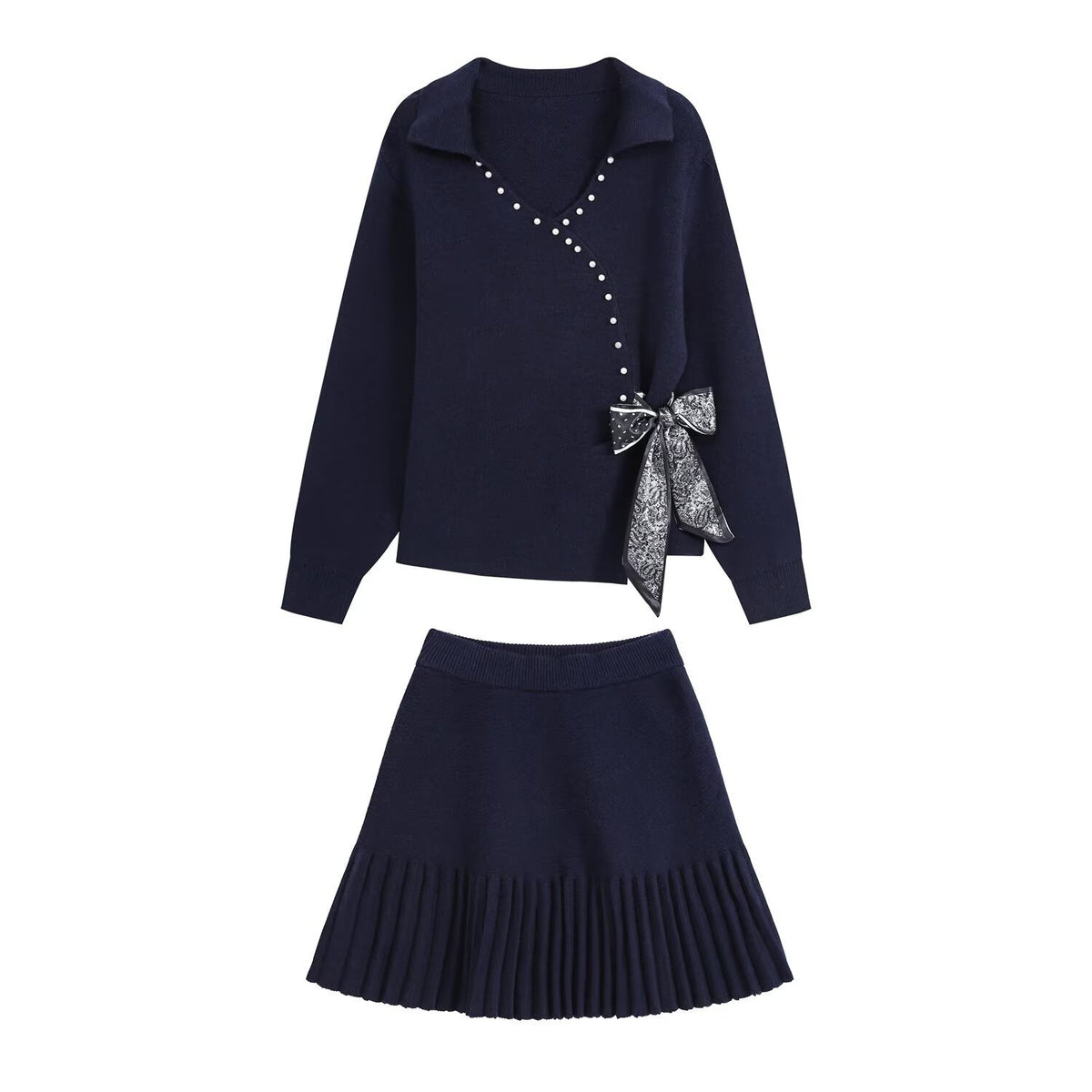 Irregular Knot Bow Tie Knitted Shirt Short Skirt Set for Women