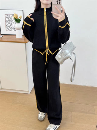 Color blocked zipper cardigan two-piece set