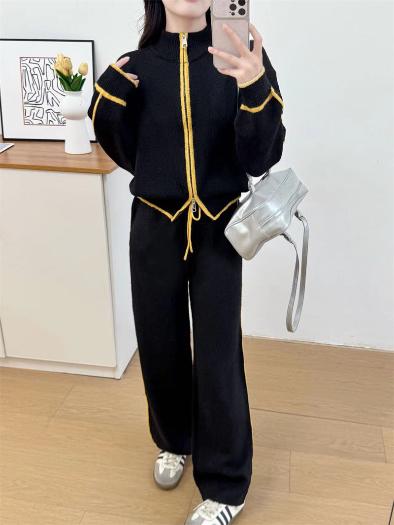 Color blocked zipper cardigan two-piece set