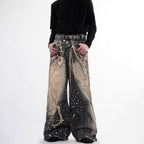 Heavyweight Printed Streetwear Denim Pants with Chain Detail Straight Leg Long Trousers for Men and Women
