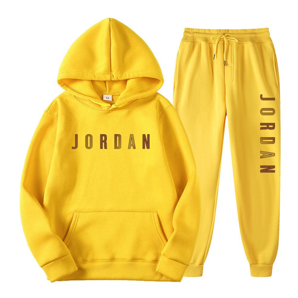 Gold Print Hooded Long Sleeve Fleece Lined Sports Casual Jacket and Pants Set