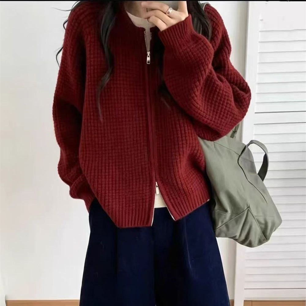 Round neck double zipper short sweater
