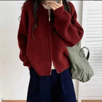 Round neck double zipper short sweater