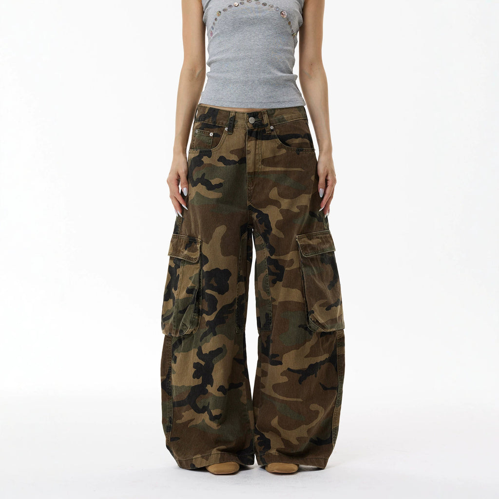Vintage Street Washed Pocket Knife Camouflage Cargo Pants Men's INS Fashion Wide Leg Jeans Long Pants