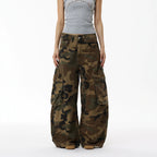 Vintage Street Washed Pocket Knife Camouflage Cargo Pants Men's INS Fashion Wide Leg Jeans Long Pants