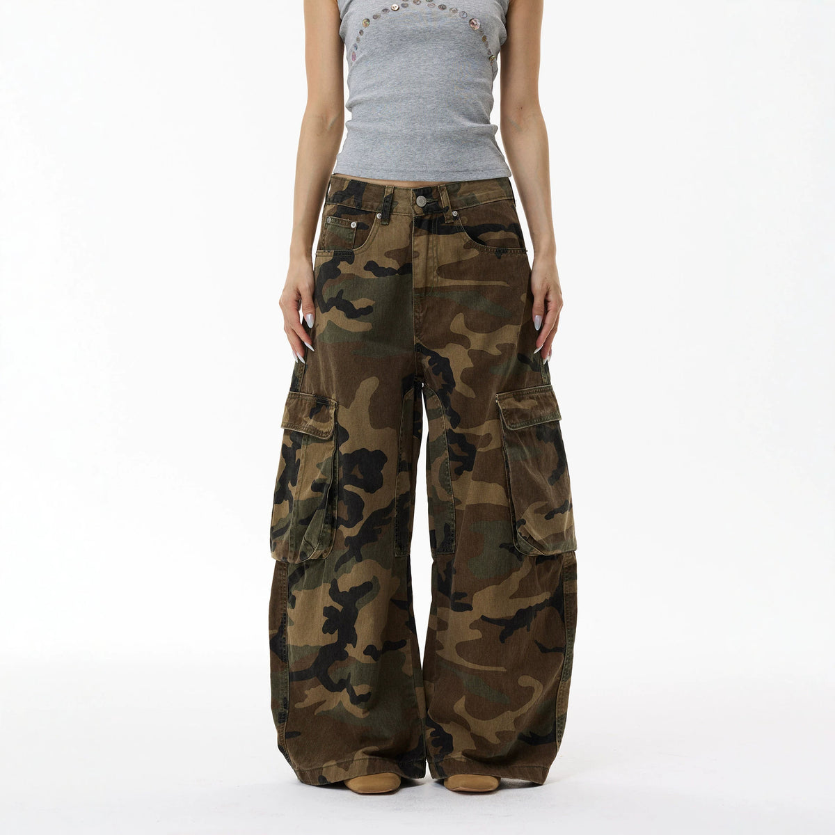 Vintage Street Washed Pocket Knife Camouflage Cargo Pants Men's INS Fashion Wide Leg Jeans Long Pants