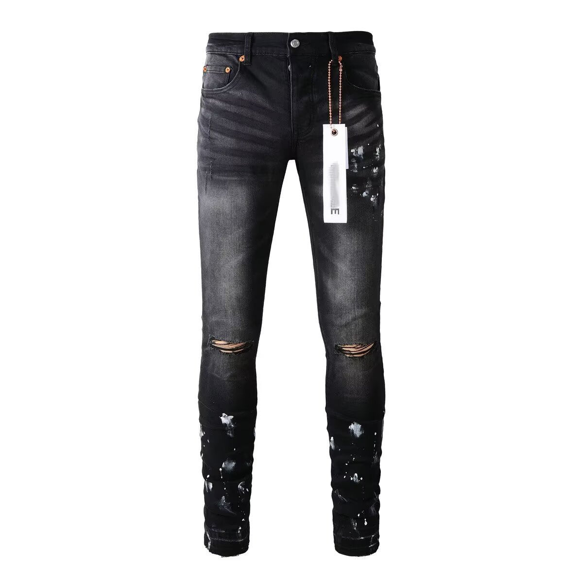 Men's Black Graffiti Splatter Distressed Skinny Jeans, Stretch Slim Fit Knee Cut-Out Denim Pants