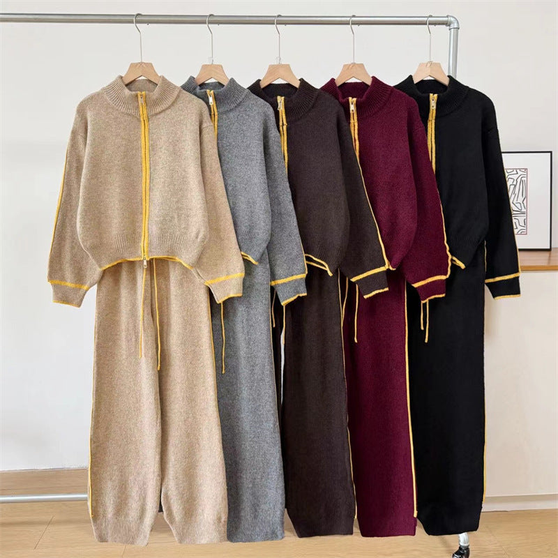 Color blocked zipper cardigan two-piece set